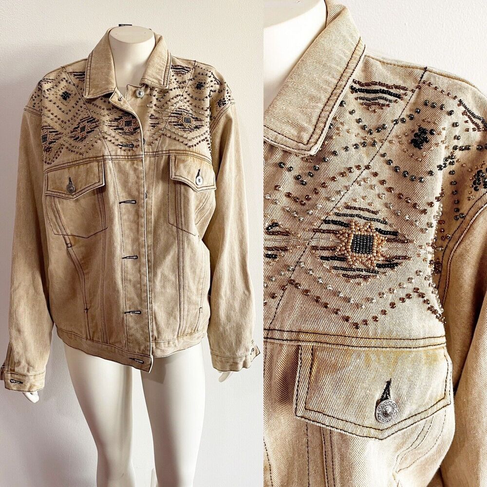 Carole Little Sport Denim Beaded Aztec Southwestern Jacket Vintage Size 6